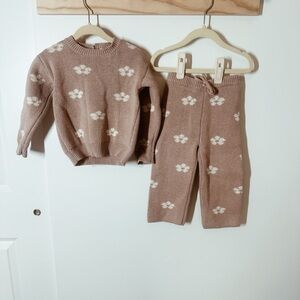 Brown Knit Sweater and Pants Set with White Floral Pattern